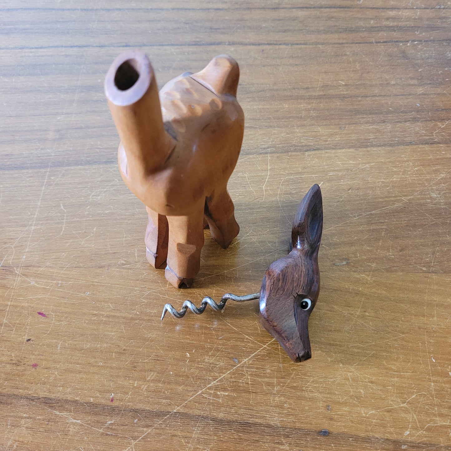 Mid-century hand-crafted mismatched wooden deer corkscrew with googly eyes