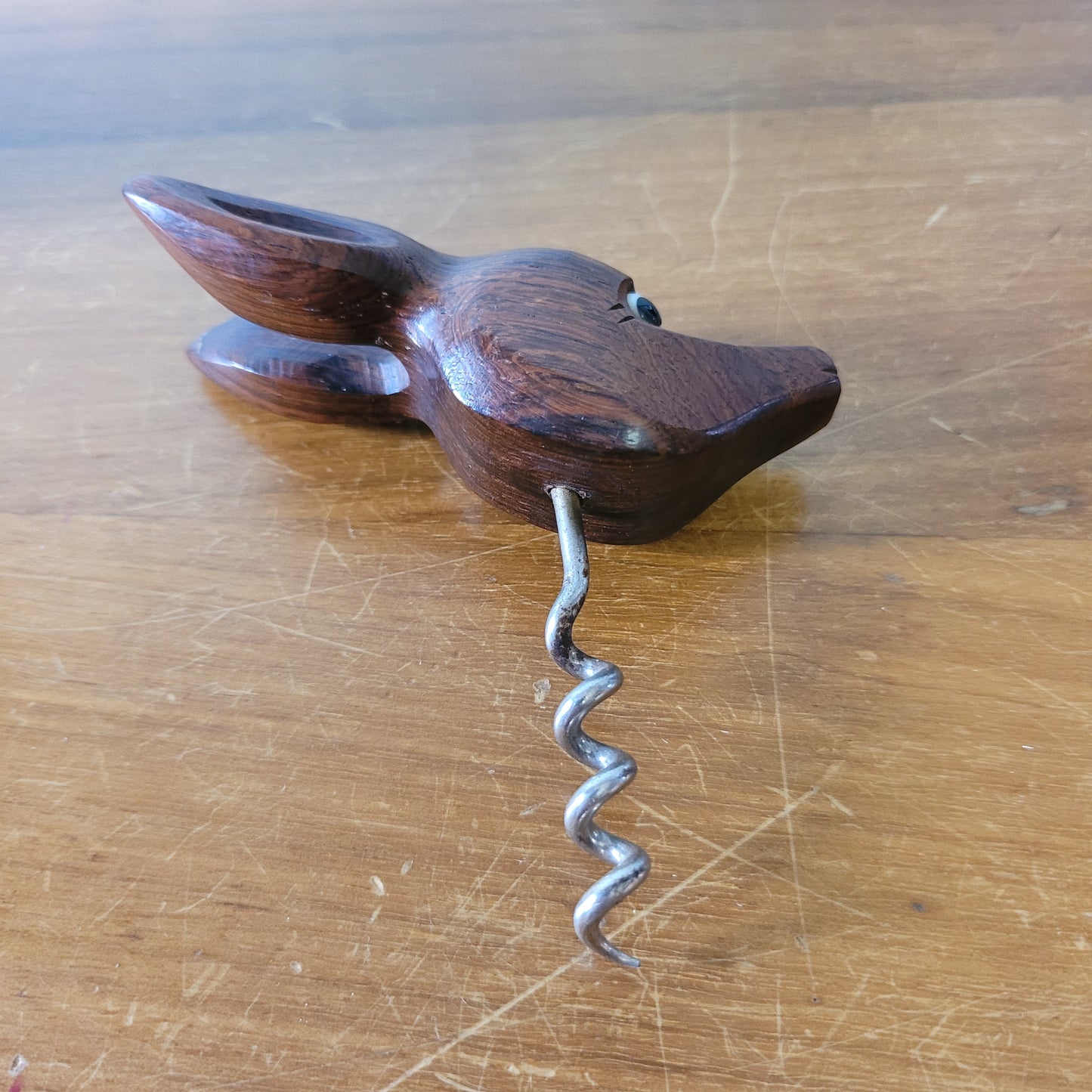 Mid-century hand-crafted mismatched wooden deer corkscrew with googly eyes