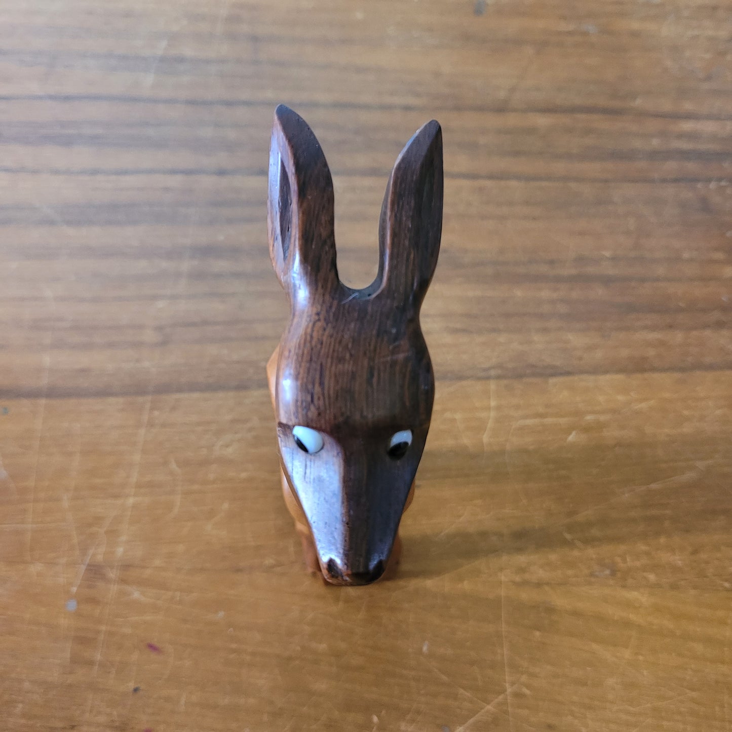 Mid-century hand-crafted mismatched wooden deer corkscrew with googly eyes