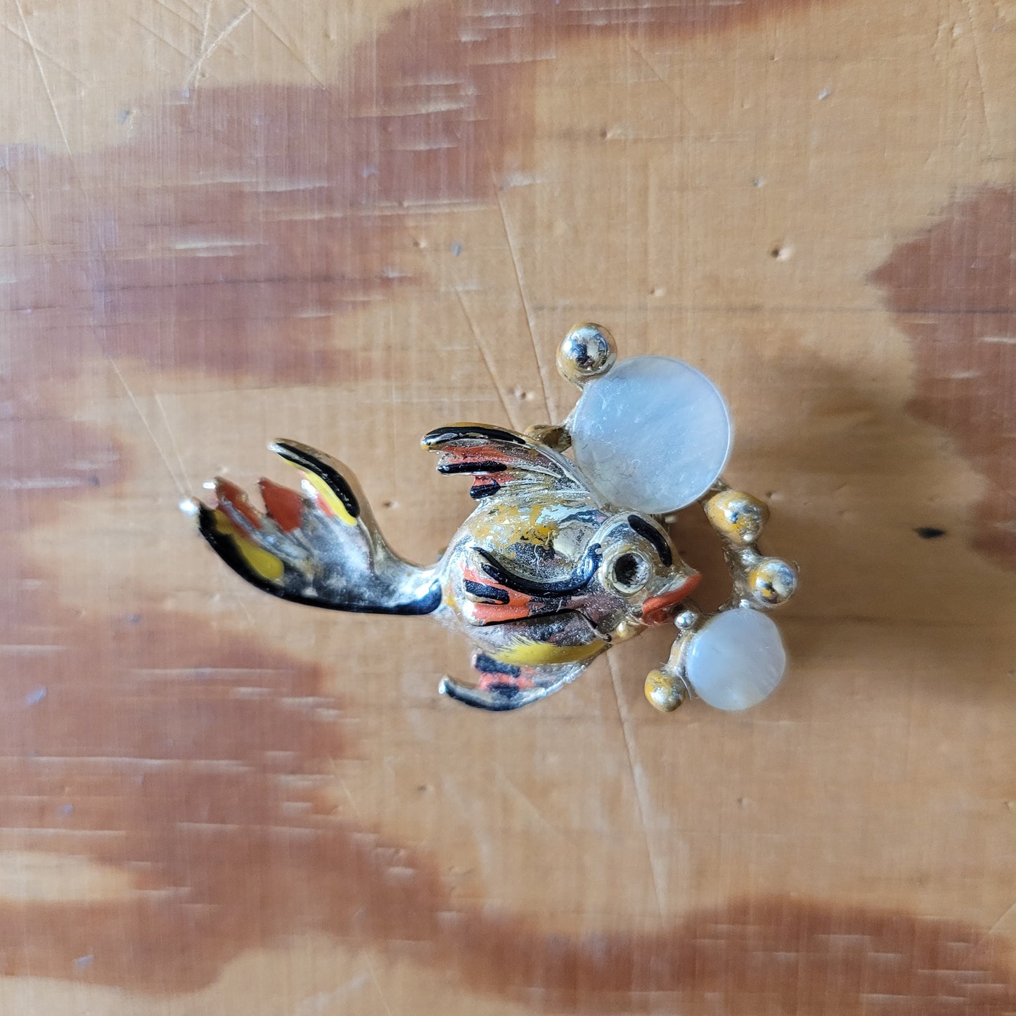 1950s gold-tone, cold painted enamel fish with mother of pearl bubble detail