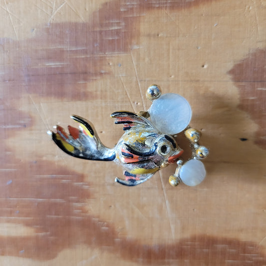1950s gold-tone, cold painted enamel fish with mother of pearl bubble detail