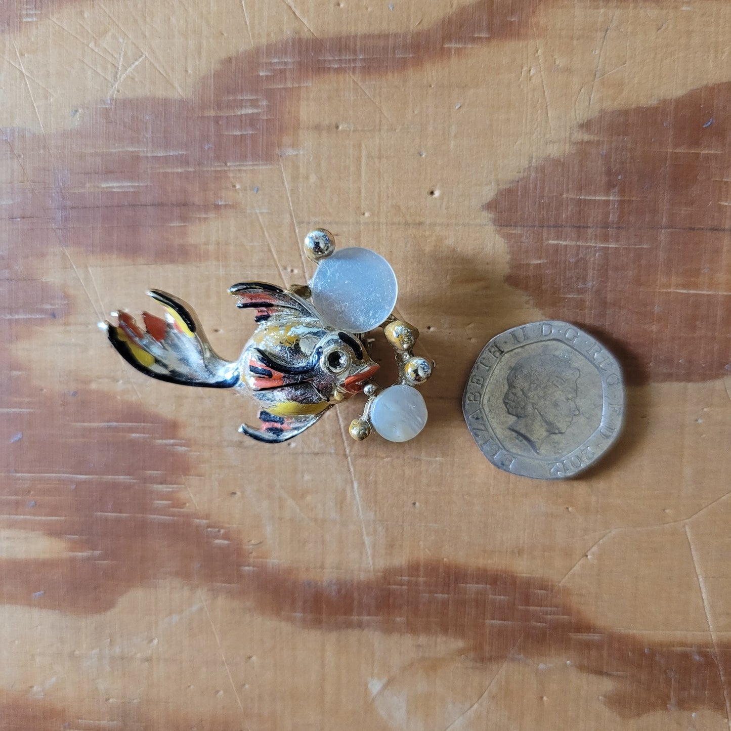 1950s gold-tone, cold painted enamel fish with mother of pearl bubble detail