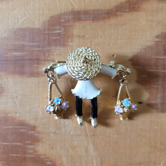 Vintage gold-tone & enamel oriental flower seller brooch