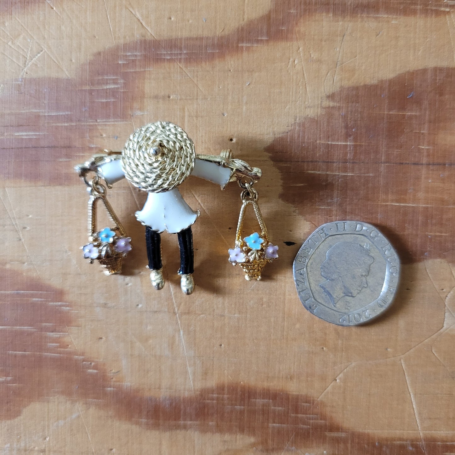 Vintage gold-tone & enamel oriental flower seller brooch