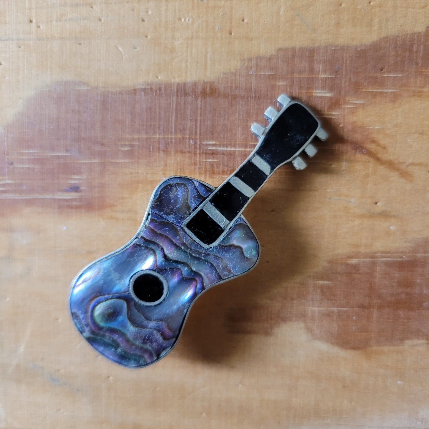 1970s abalone & enamel guitar brooch, stamped Alpaca Mexico