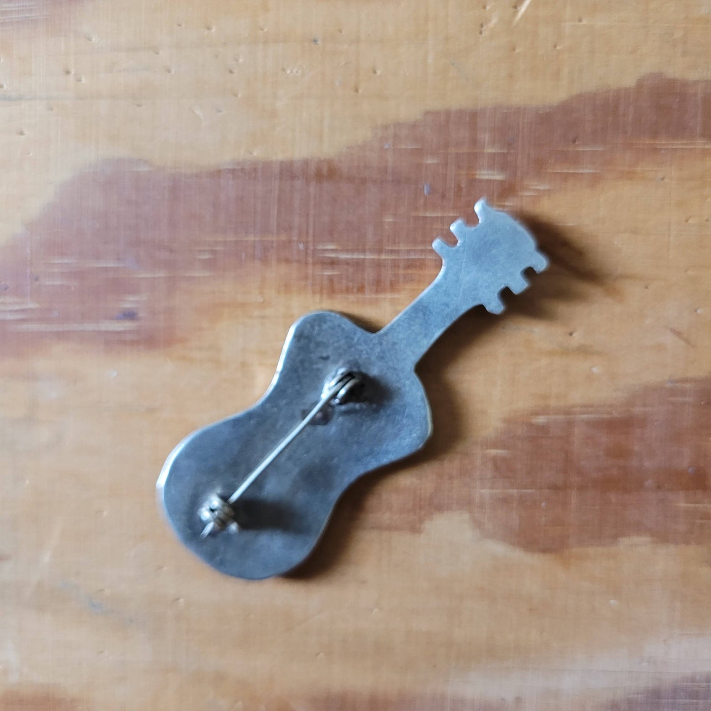 1970s abalone & enamel guitar brooch, stamped Alpaca Mexico