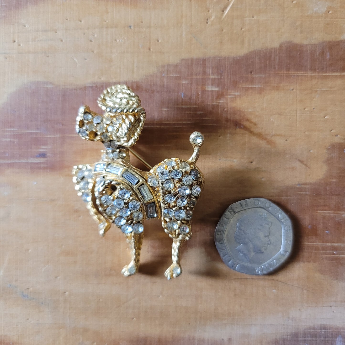 1960s gold-tone & rhinestone prancing French poodle brooch