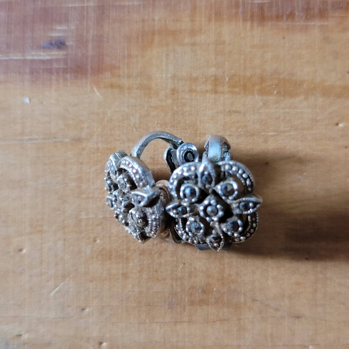 1940s silver-tone marcasite flower clip on earrings