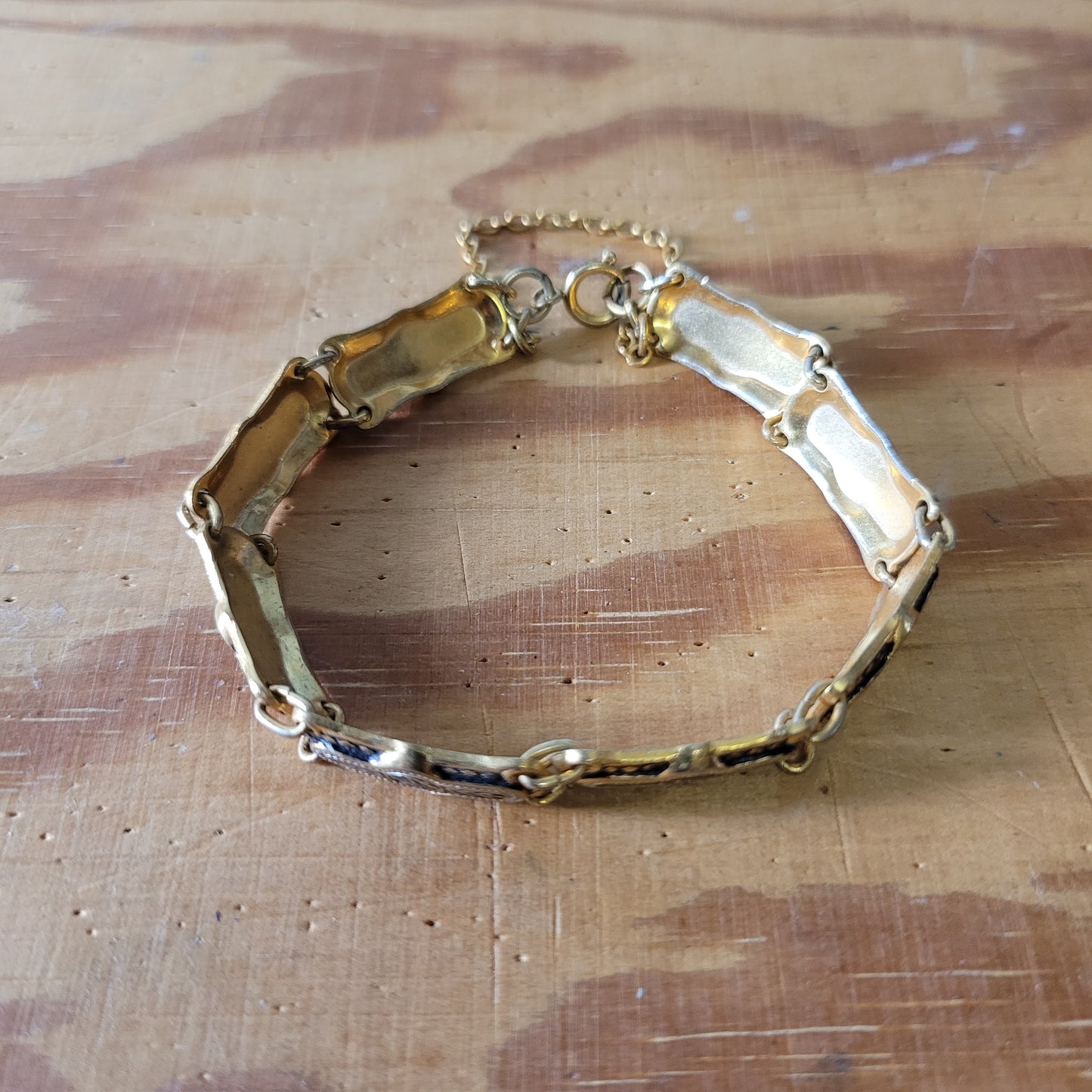 Vintage Damascene silver & gold-tone link bracelet with safety chain.