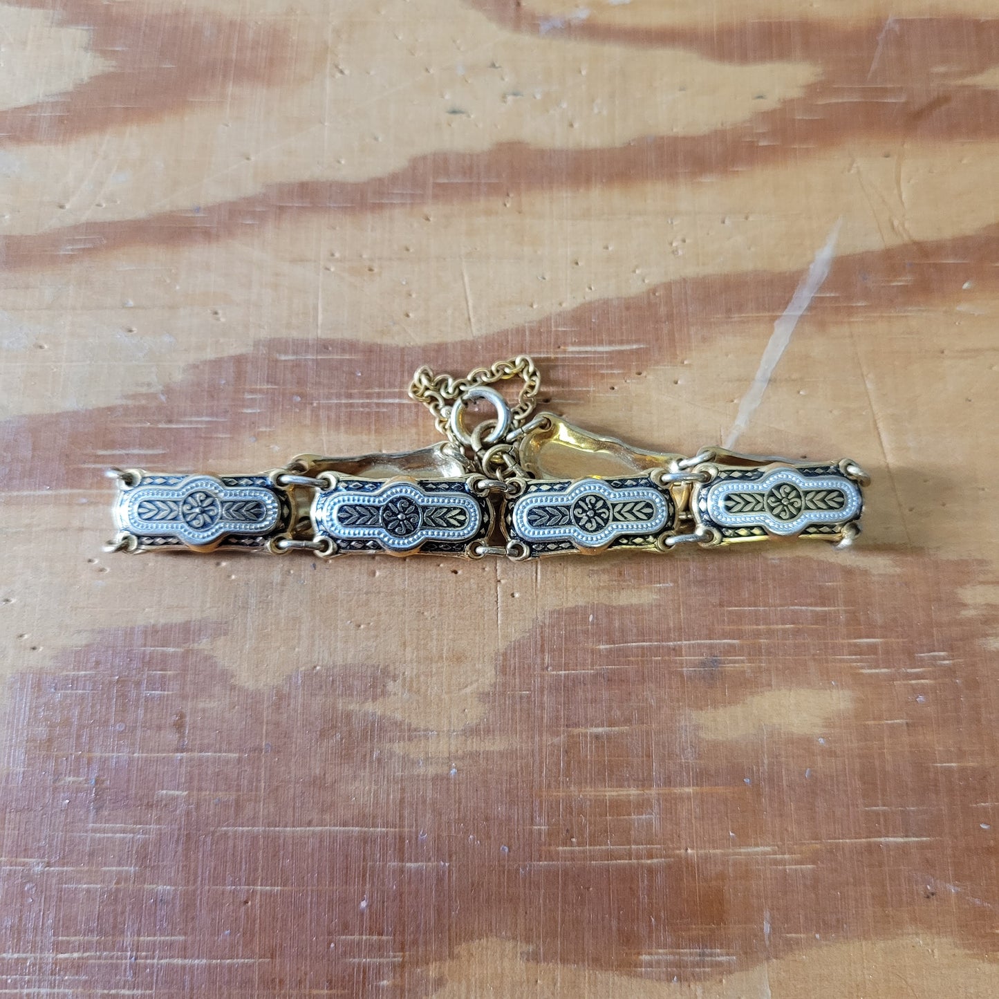 Vintage Damascene silver & gold-tone link bracelet with safety chain.