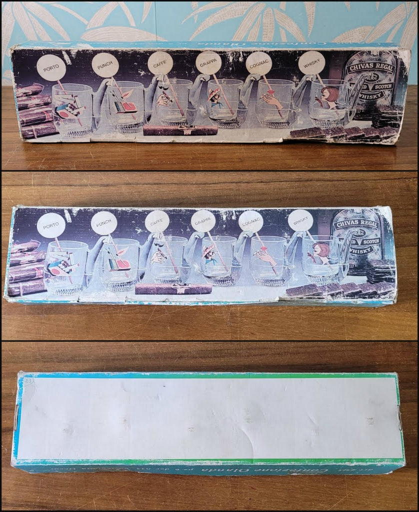 Set of rare 1960s Italian novelty pipe-shaped shot glasses with original packaging