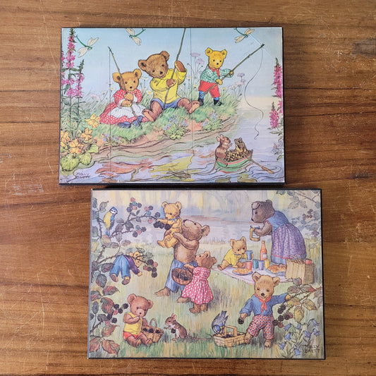 Pair of vintage Molly Brett prints on hardboard - Teddies Fishing, & Teddy Bears and Blackberries