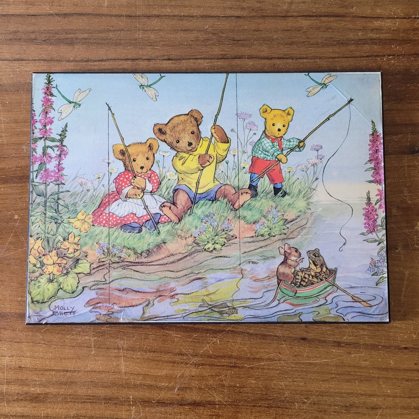 Pair of vintage Molly Brett prints on hardboard - Teddies Fishing, & Teddy Bears and Blackberries