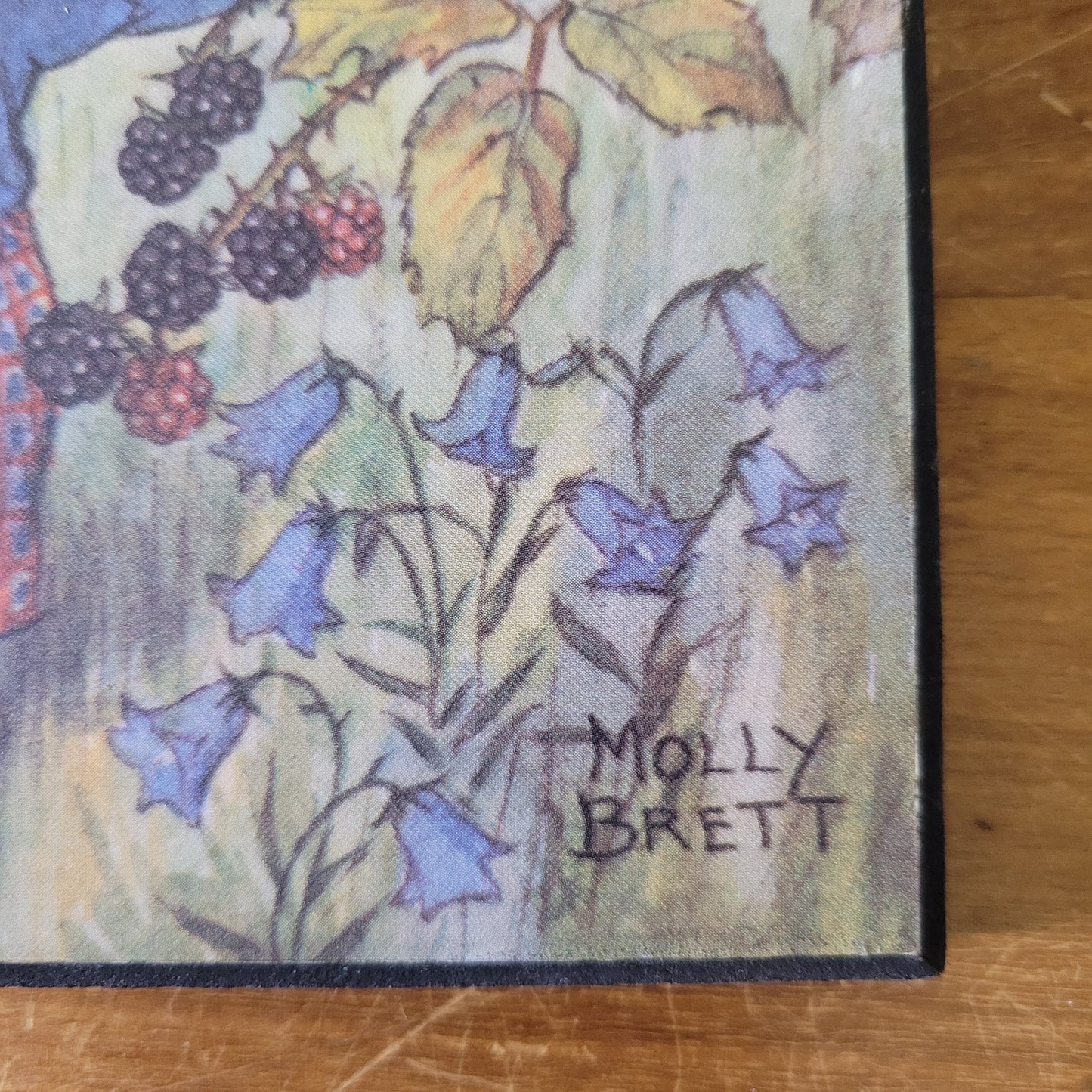 Pair of vintage Molly Brett prints on hardboard - Teddies Fishing, & Teddy Bears and Blackberries