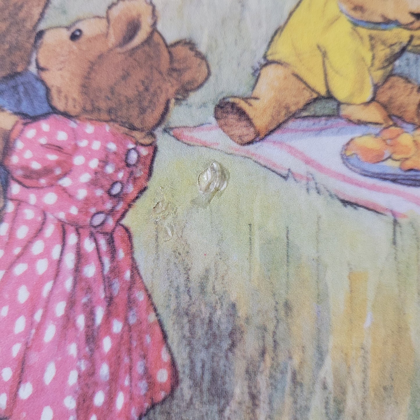 Pair of vintage Molly Brett prints on hardboard - Teddies Fishing, & Teddy Bears and Blackberries