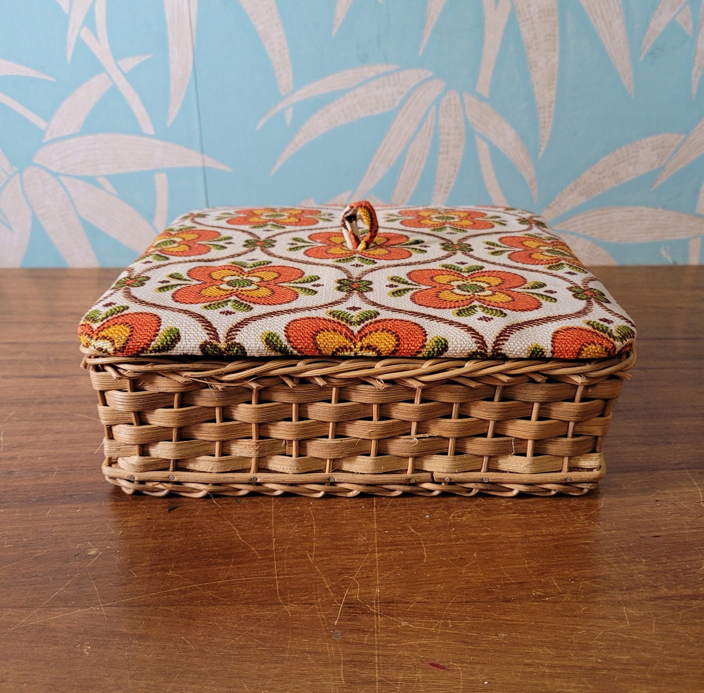 1970s floral print wicker napkin basket, made in Western Germany