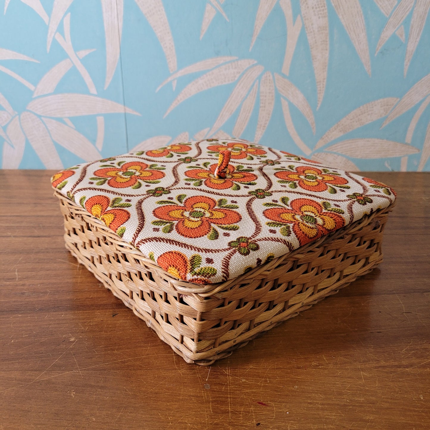1970s floral print wicker napkin basket, made in Western Germany