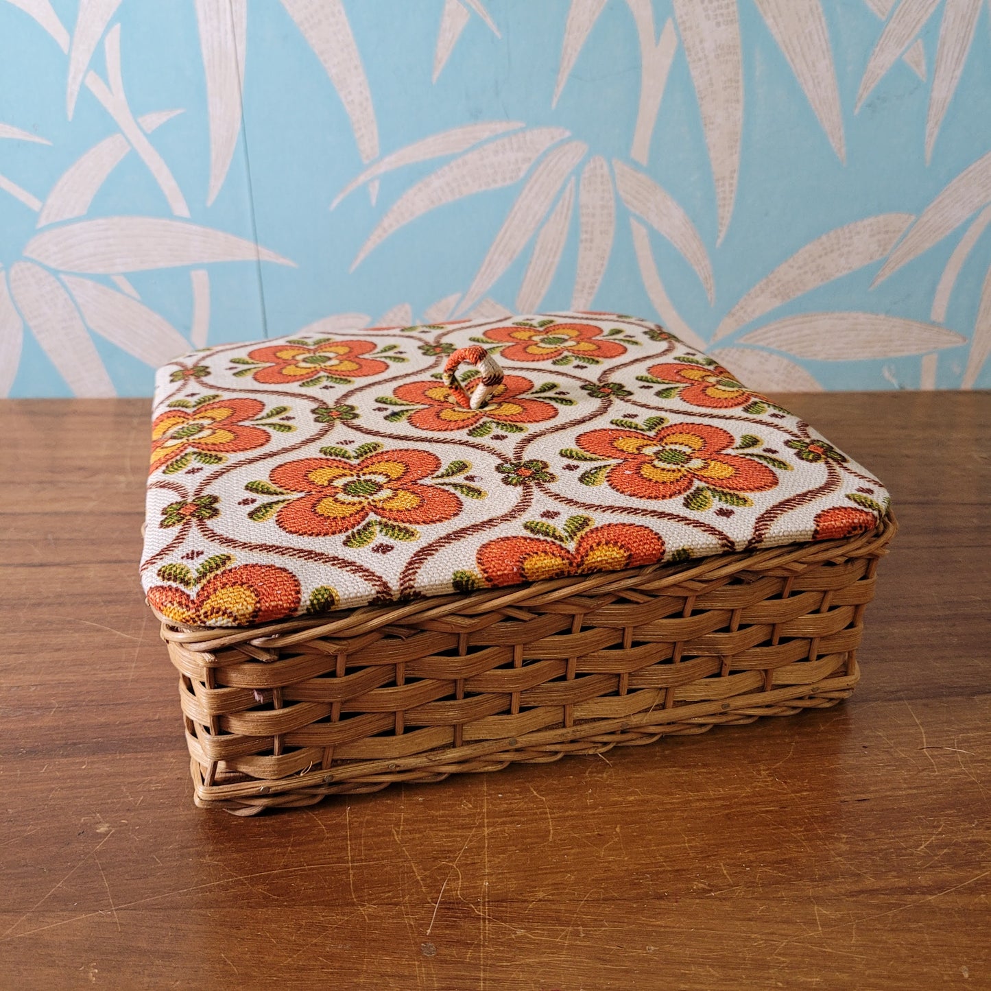1970s floral print wicker napkin basket, made in Western Germany