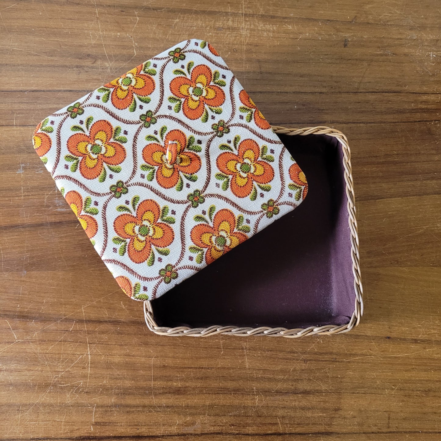 1970s floral print wicker napkin basket, made in Western Germany