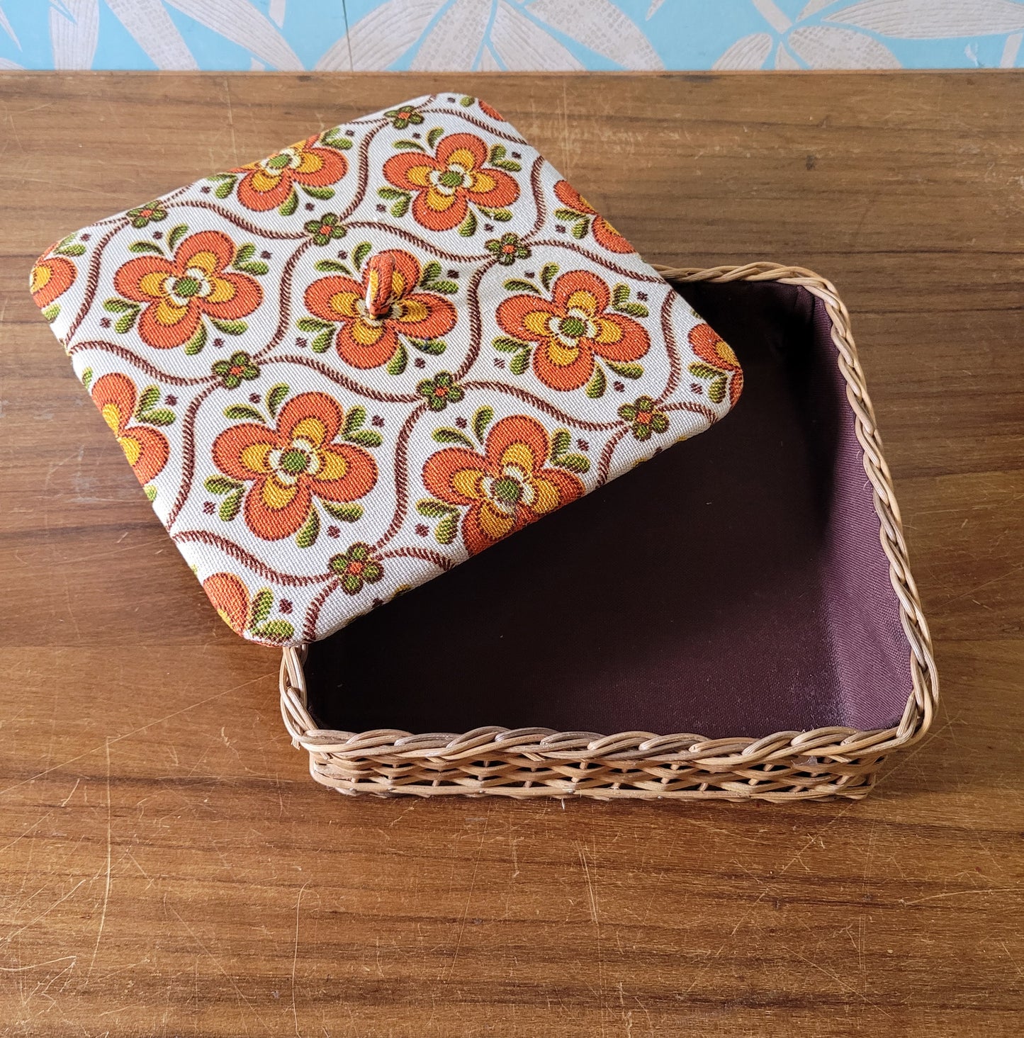 1970s floral print wicker napkin basket, made in Western Germany