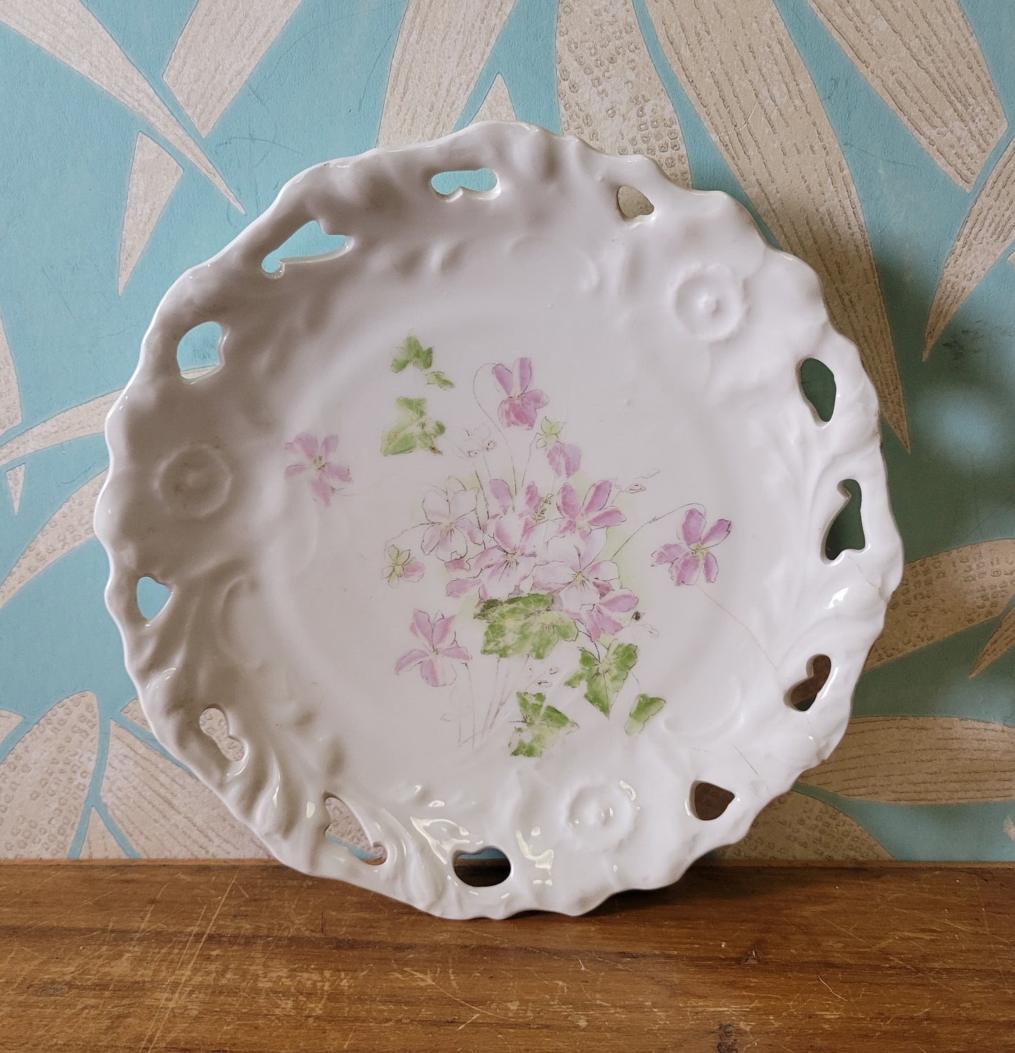 Antique hand-painted lace reticulated cutwork porcelain cake plate