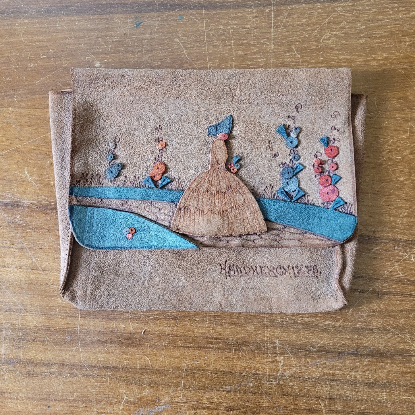 1930s/40s delicate hand-crafted suede applique crinoline lady Handkerchiefs pouch