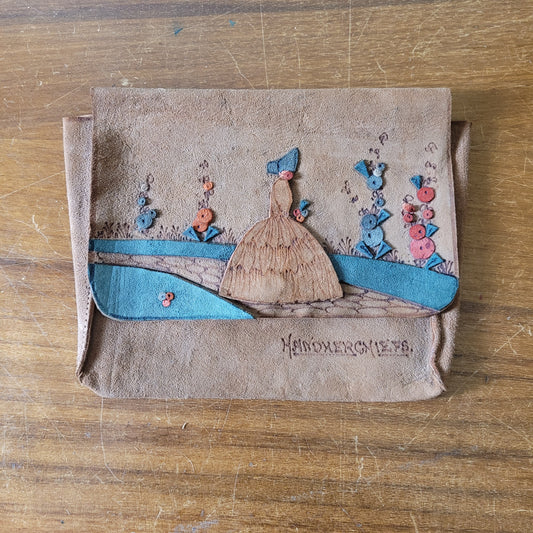 1930s/40s delicate hand-crafted suede applique crinoline lady Handkerchiefs pouch