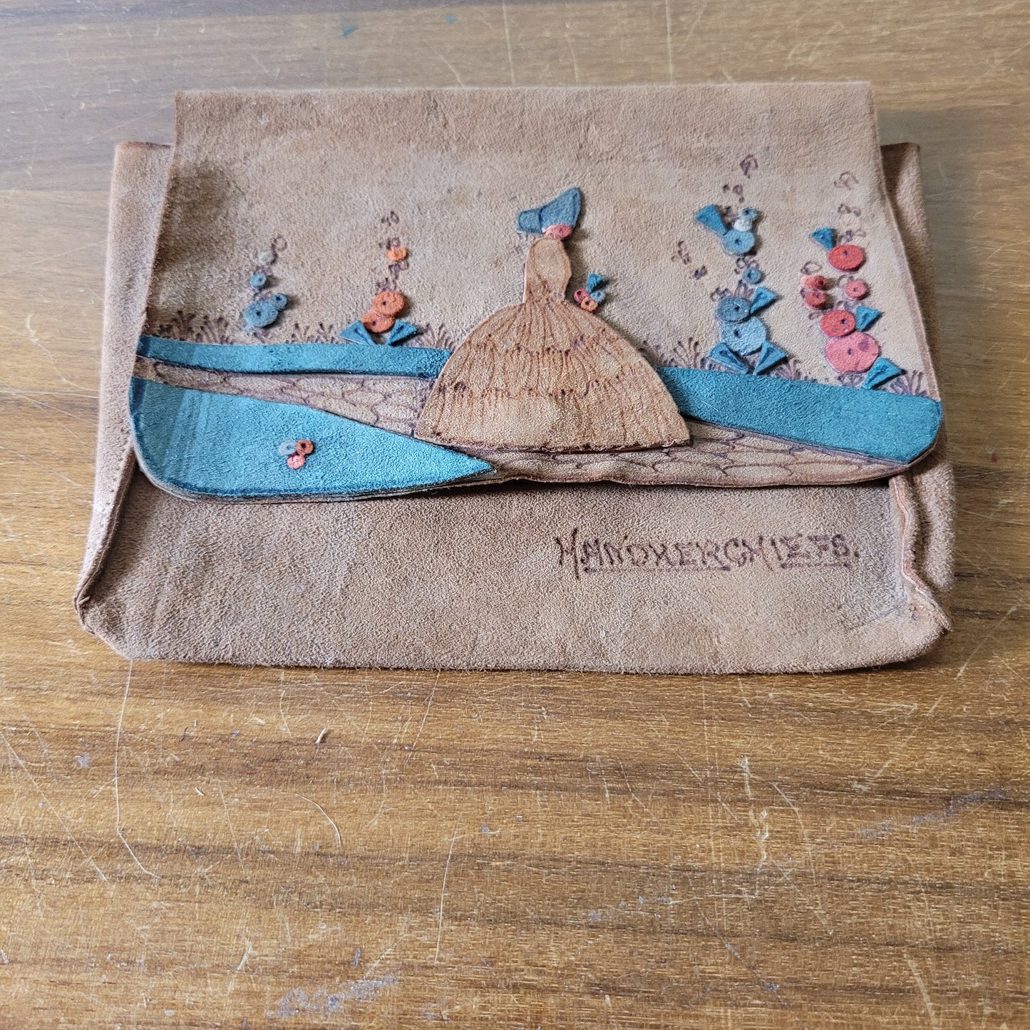 1930s/40s delicate hand-crafted suede applique crinoline lady Handkerchiefs pouch