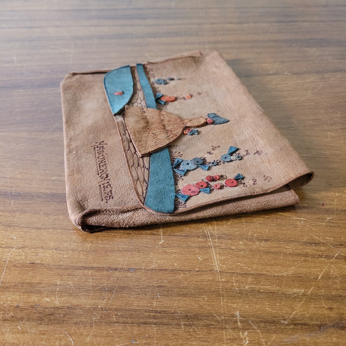 1930s/40s delicate hand-crafted suede applique crinoline lady Handkerchiefs pouch