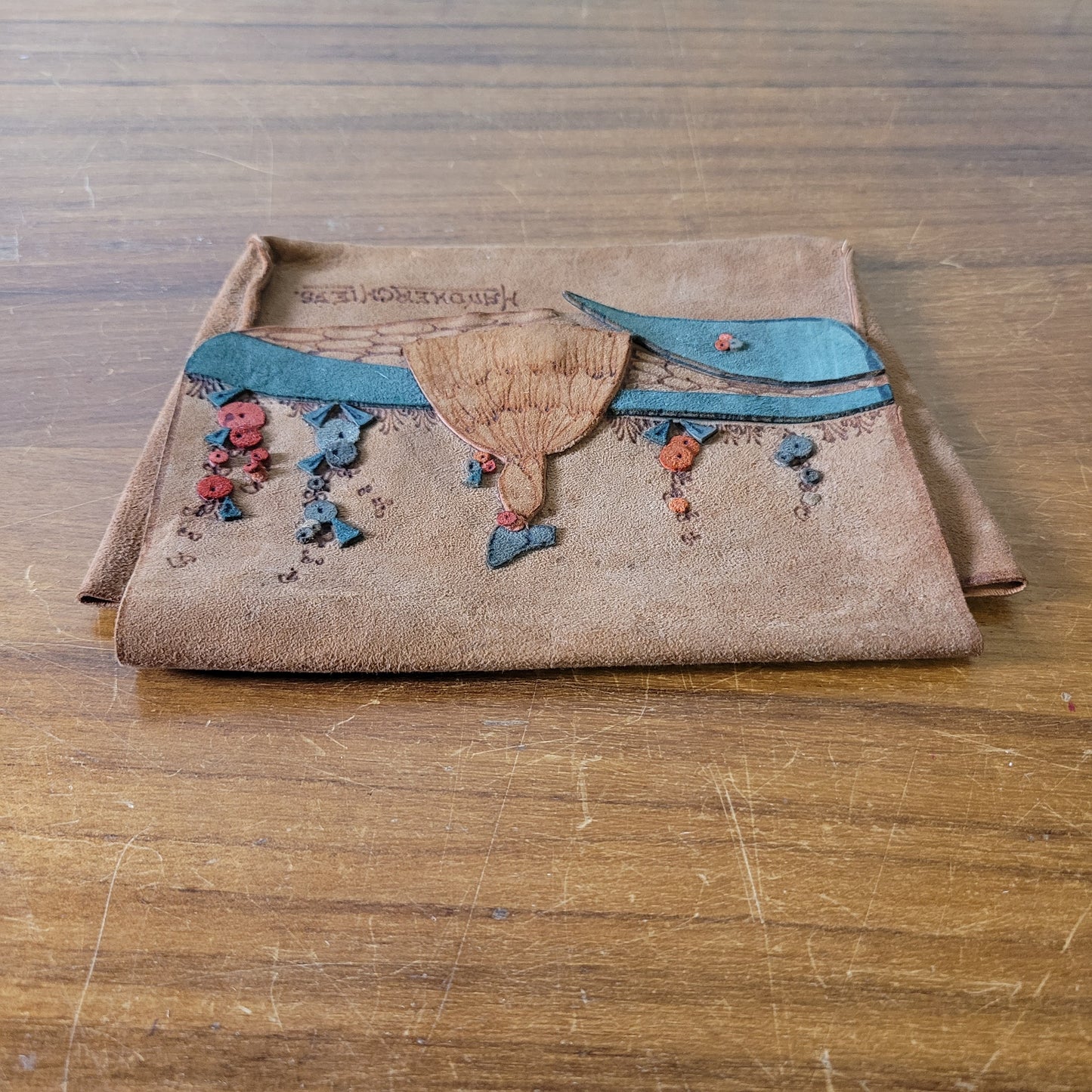 1930s/40s delicate hand-crafted suede applique crinoline lady Handkerchiefs pouch