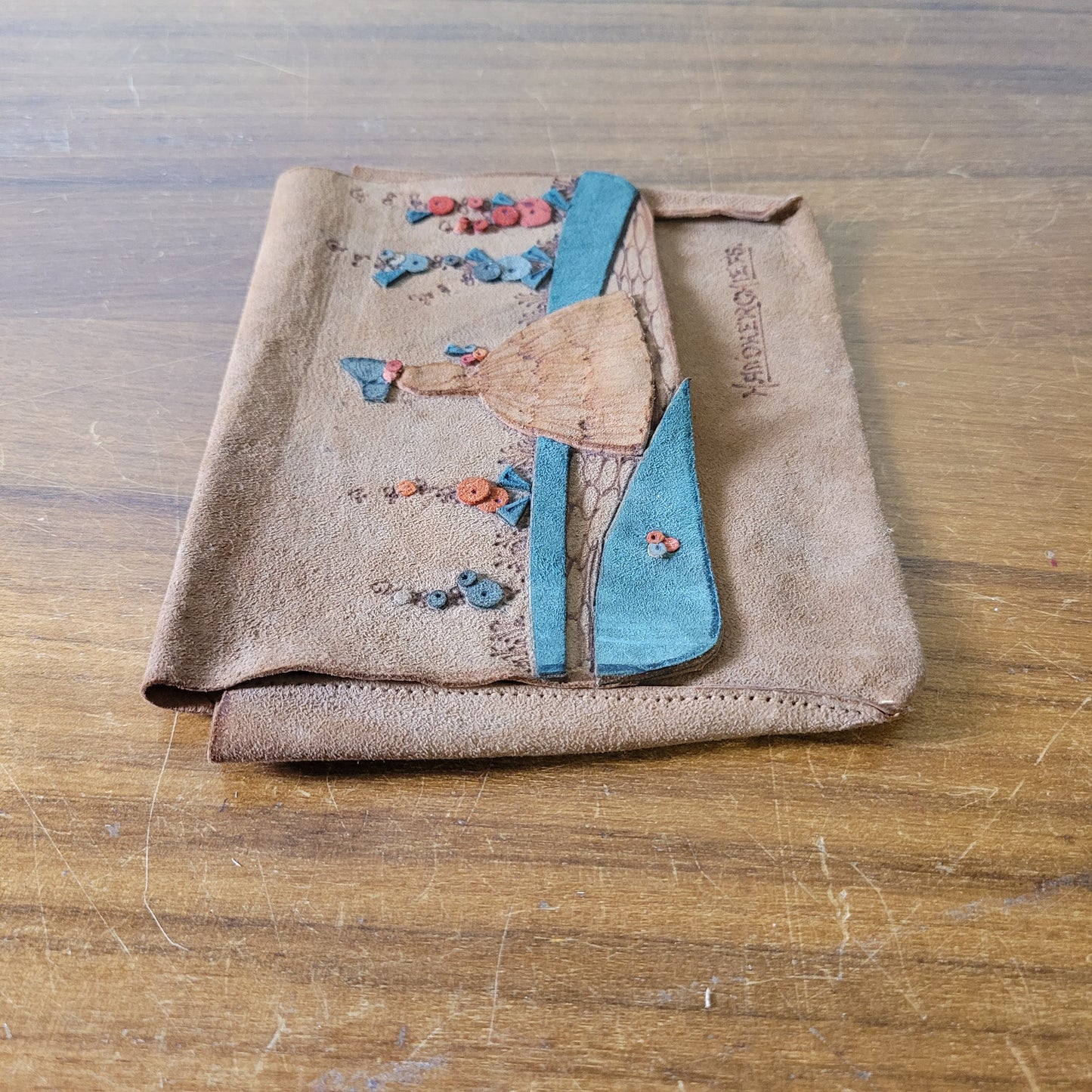 1930s/40s delicate hand-crafted suede applique crinoline lady Handkerchiefs pouch