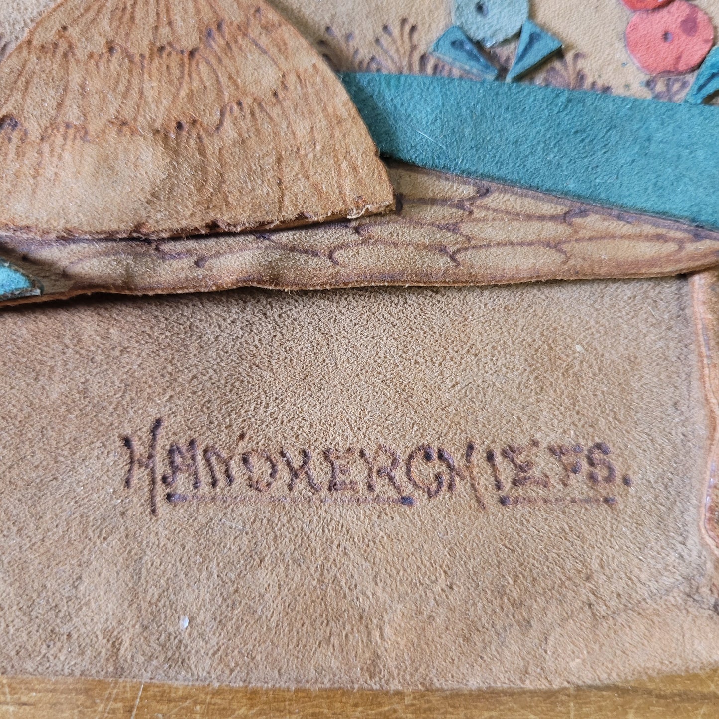 1930s/40s delicate hand-crafted suede applique crinoline lady Handkerchiefs pouch