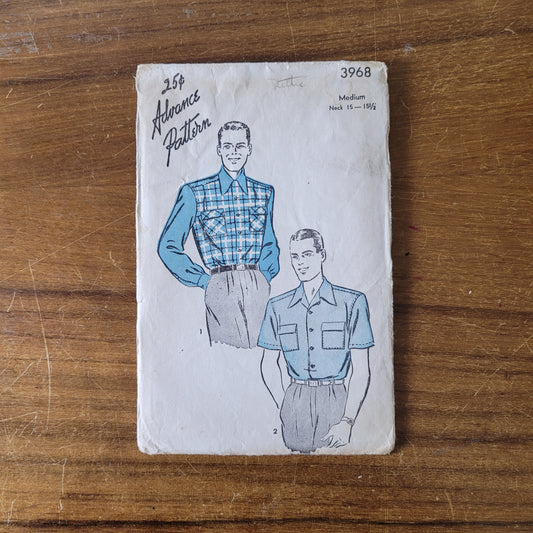 Used 1940s Advance 3968 sewing pattern for men's short or long sleeve shirts, size M (complete, see description below)