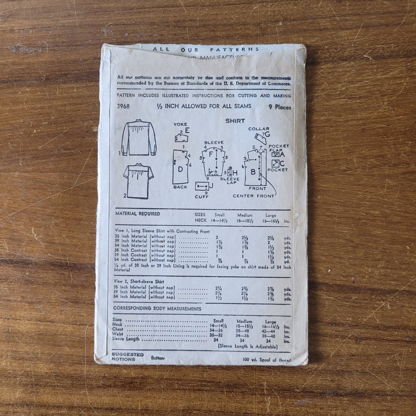 Used 1940s Advance 3968 sewing pattern for men's short or long sleeve shirts, size M (complete, see description below)