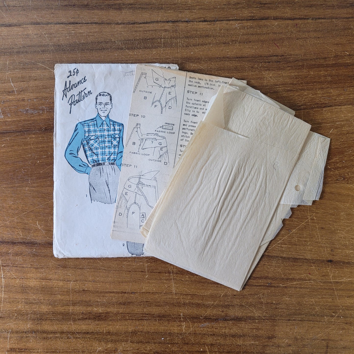 Used 1940s Advance 3968 sewing pattern for men's short or long sleeve shirts, size M (complete, see description below)