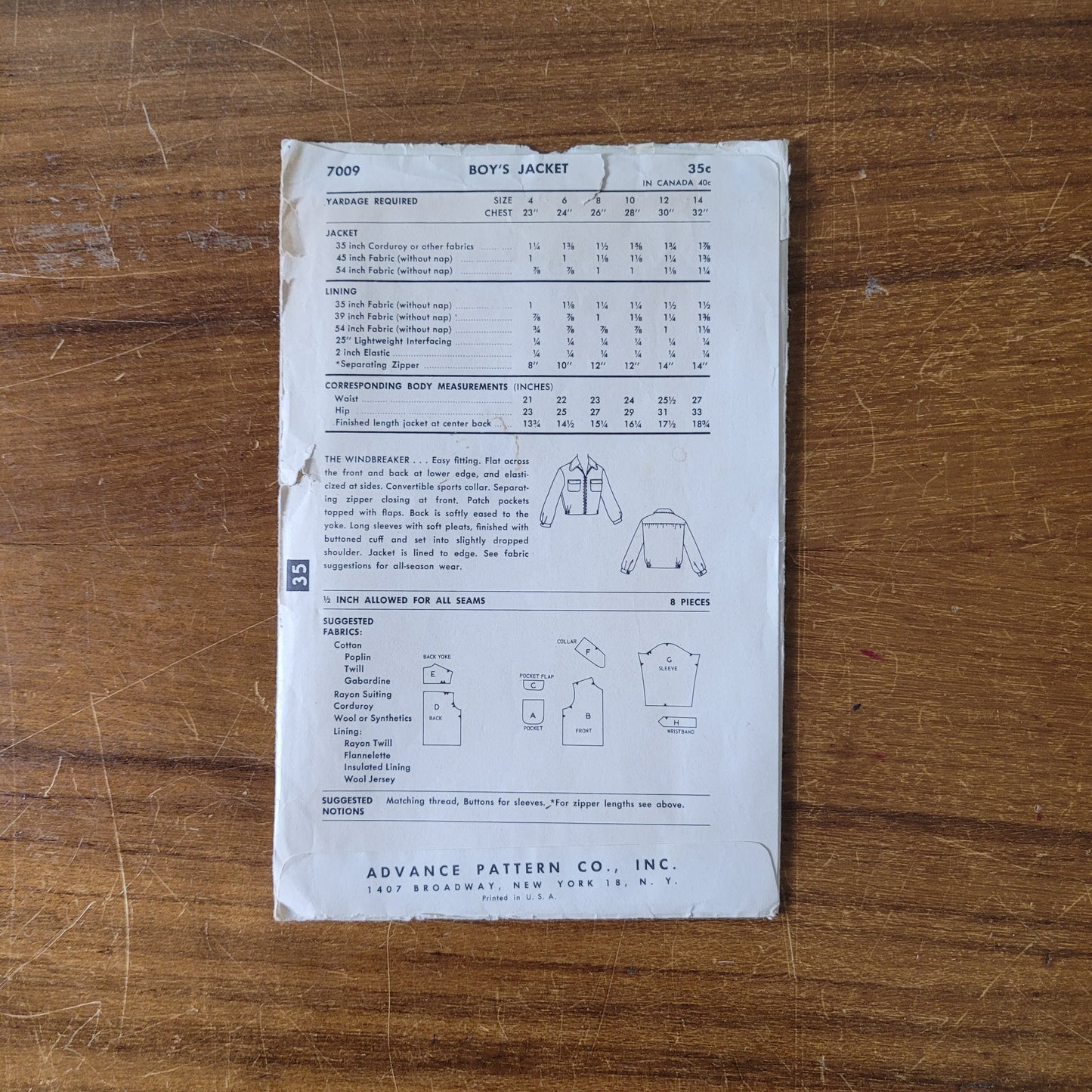 Uncut 1950s Advance 7009 sewing pattern for boy's jacket, size 8 (complete)