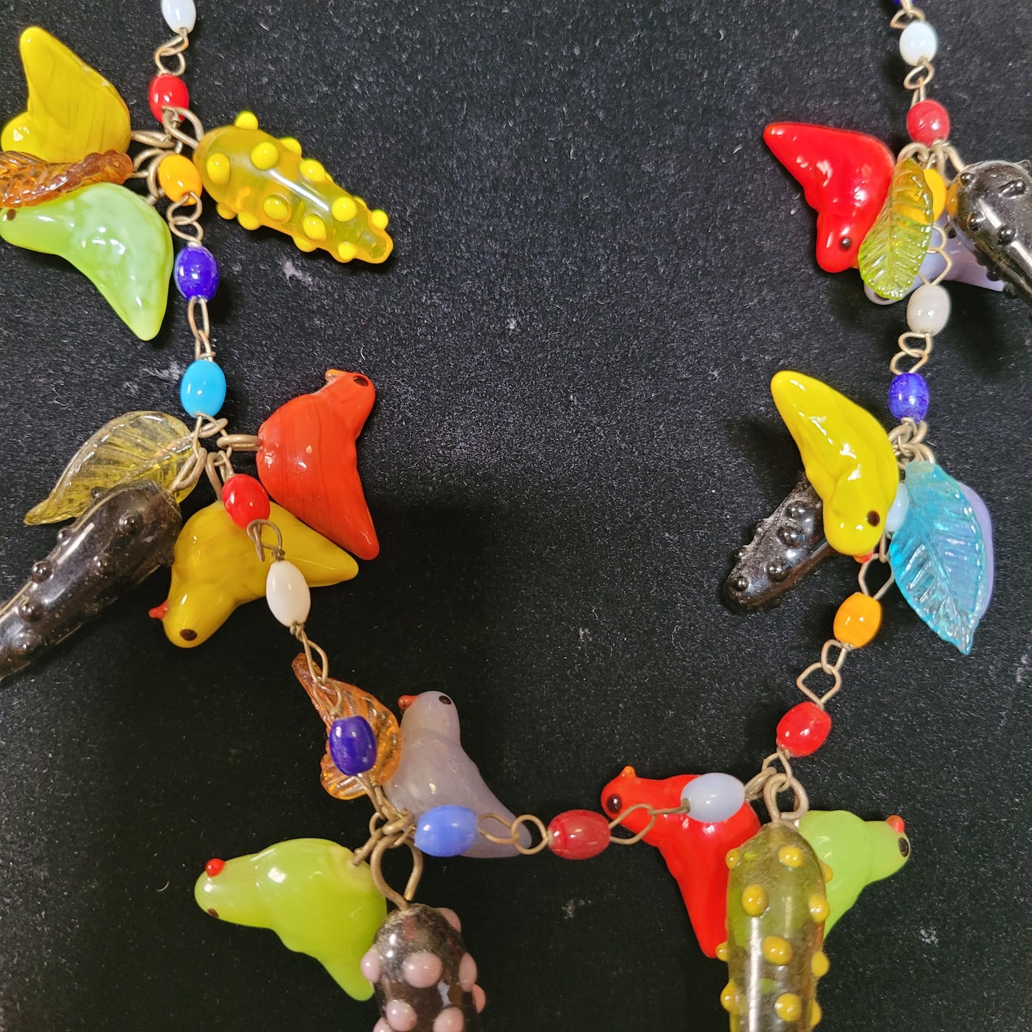 1960s colourful lampwork glass bird and fruit necklace