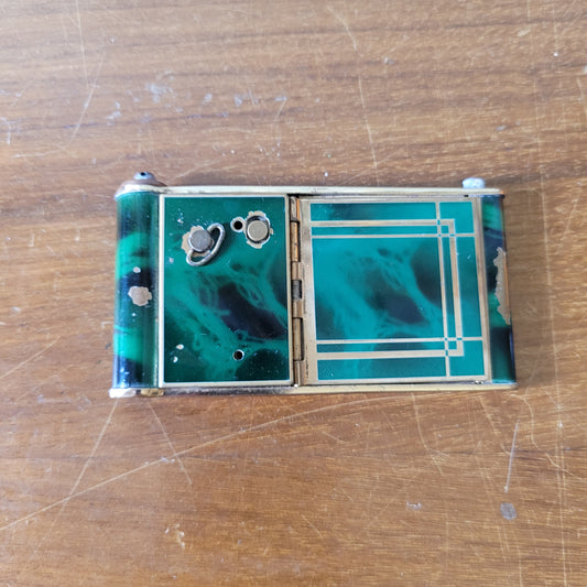 1930s French marbled green & gold-tone musical compact