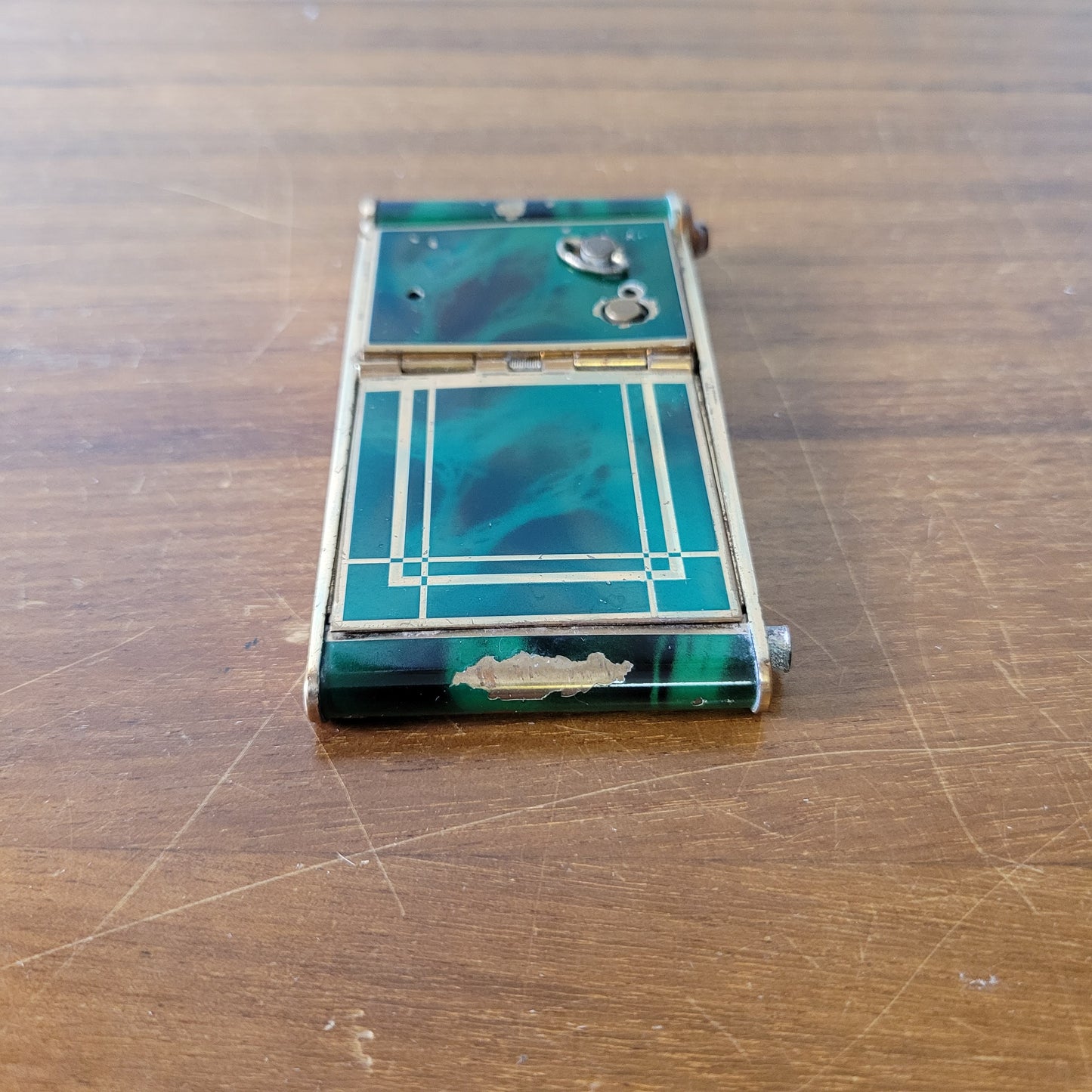 1930s French marbled green & gold-tone musical compact