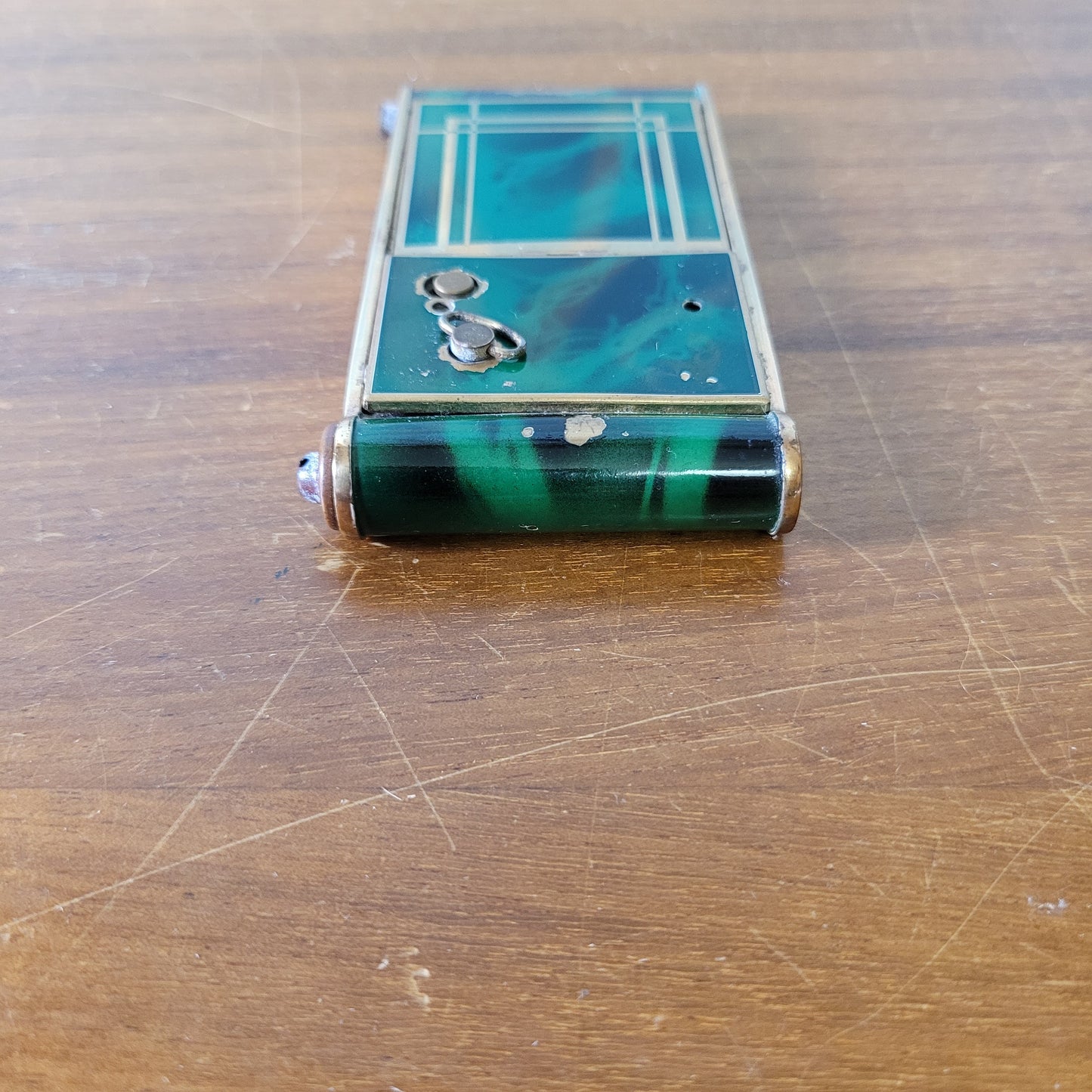 1930s French marbled green & gold-tone musical compact