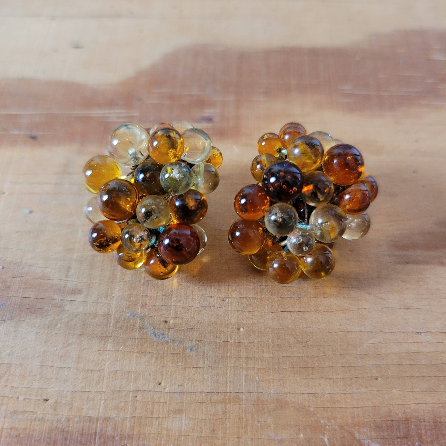 1950s amber-coloured glass cluster beaded clip-on earrings