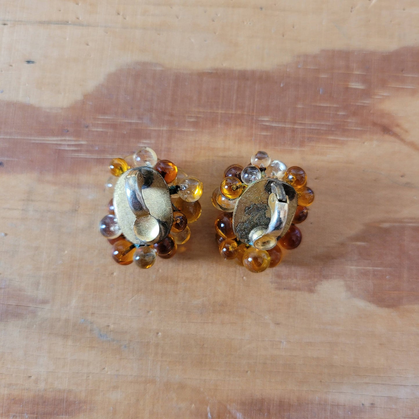 1950s amber-coloured glass cluster beaded clip-on earrings