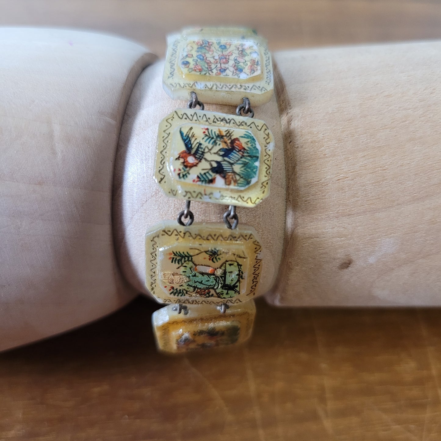 Mid-century hand-painted mother of pearl scenic panel bracelet