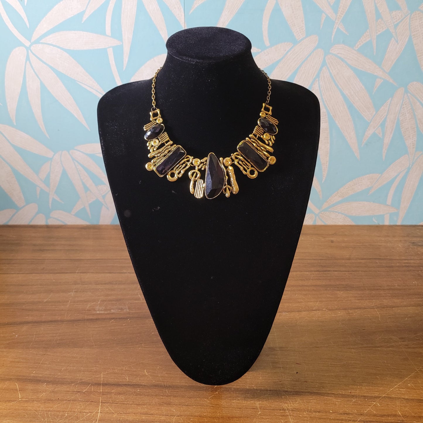 1980s gold-tone & black faceted geometric statement necklace