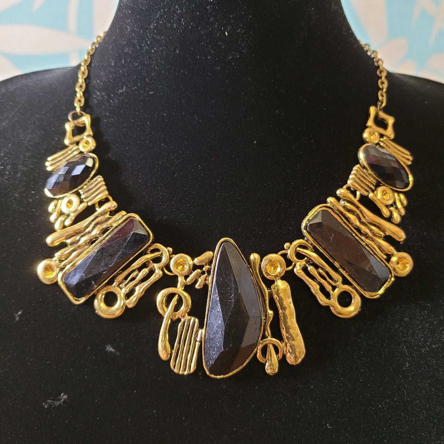 1980s gold-tone & black faceted geometric statement necklace