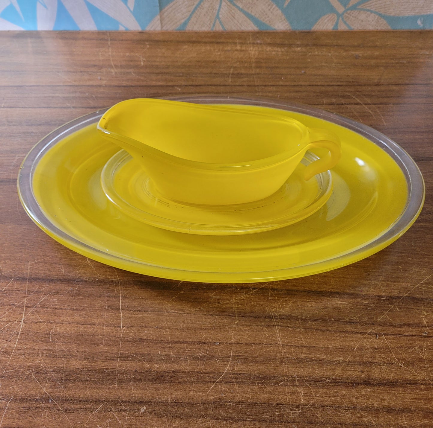1960s yellow Phoenix Glass trio - glass gravy boat with underplate, & serving plate