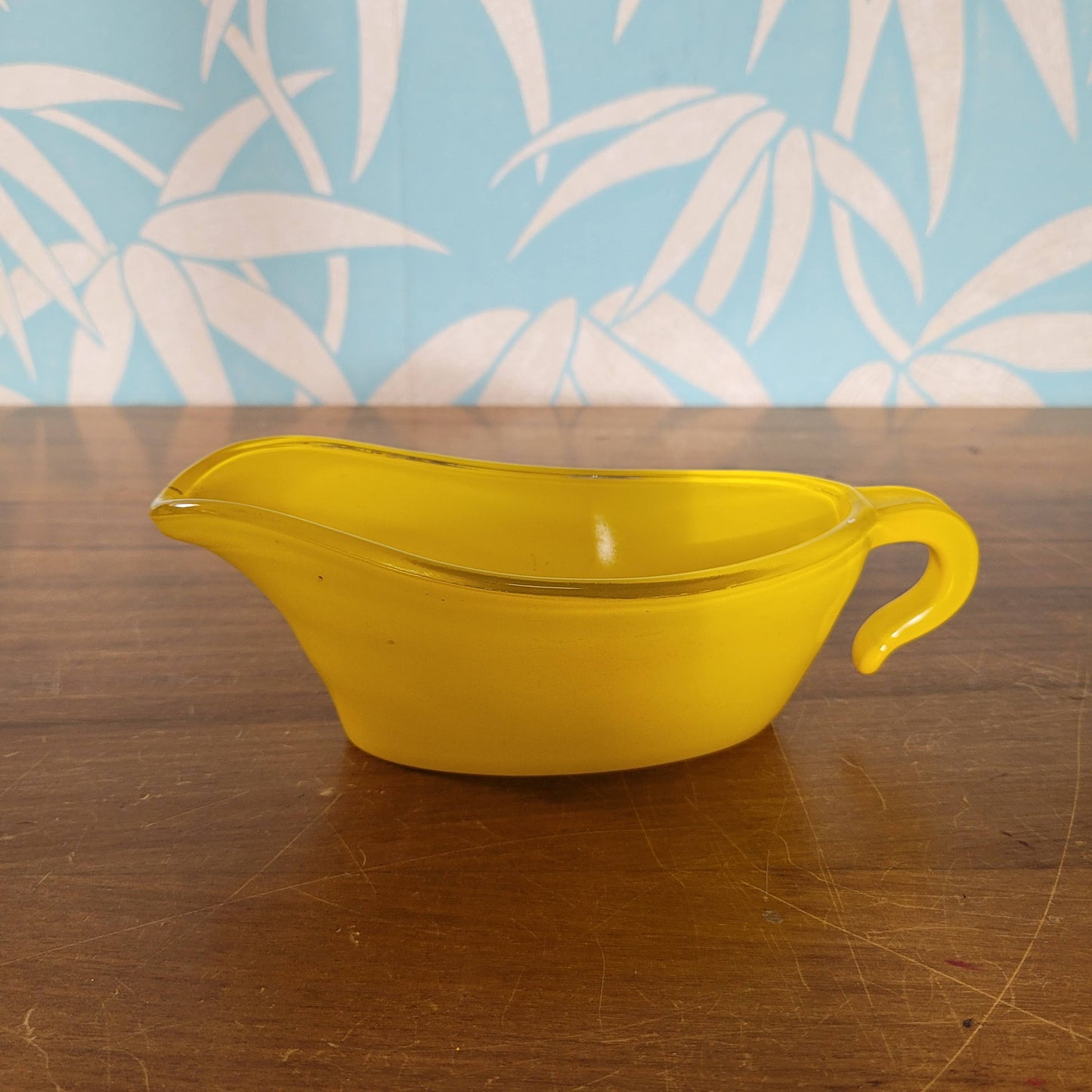 1960s yellow Phoenix Glass trio - glass gravy boat with underplate, & serving plate