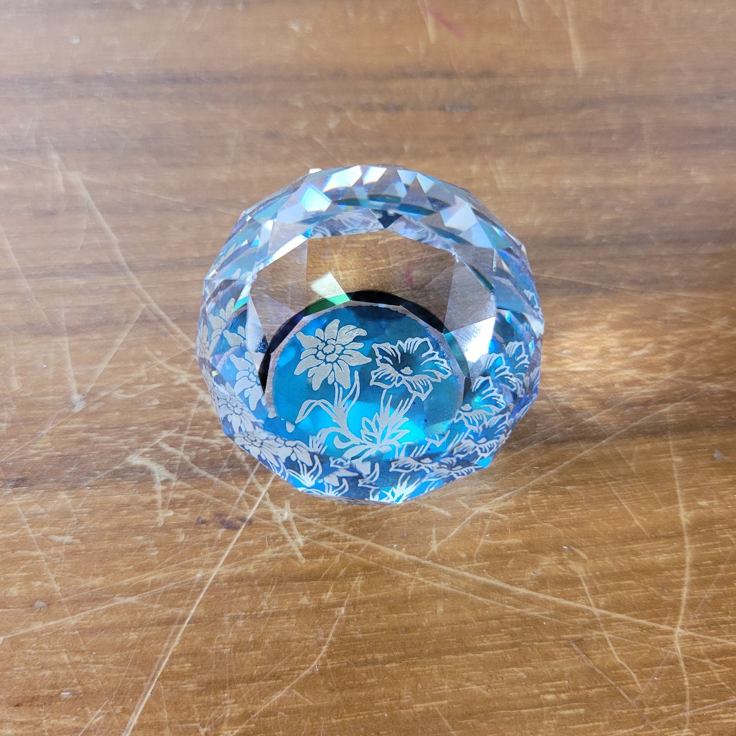 Vintage miniature Swarovski crystal Edelweiss flower round faceted glass paperweight