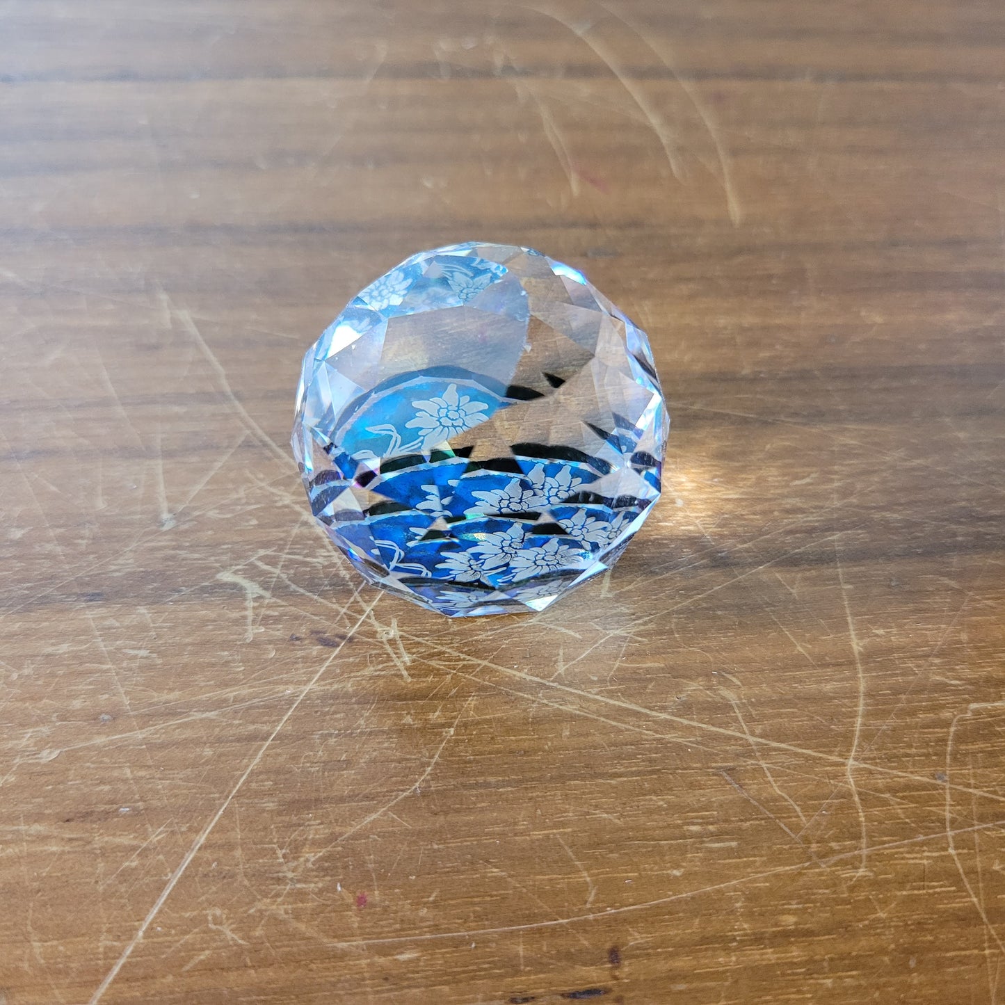 Vintage miniature Swarovski crystal Edelweiss flower round faceted glass paperweight