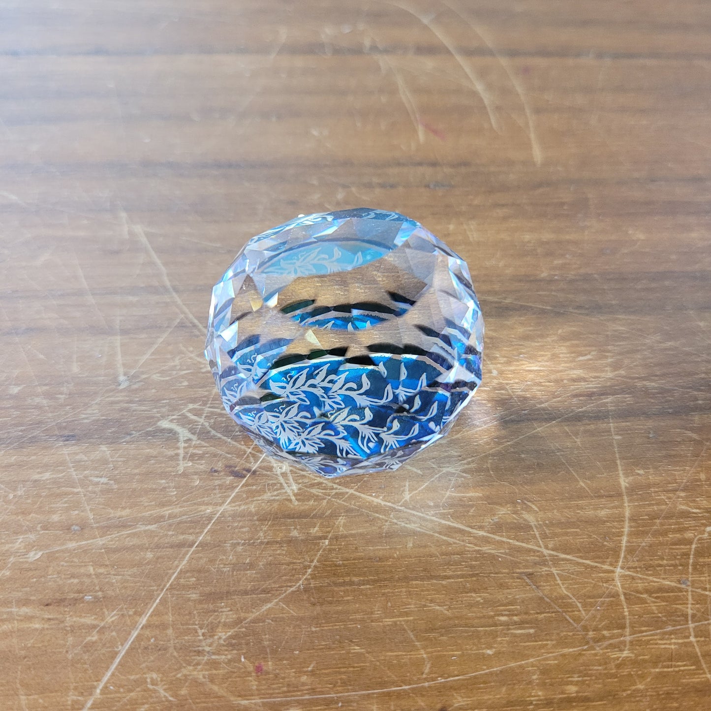 Vintage miniature Swarovski crystal Edelweiss flower round faceted glass paperweight